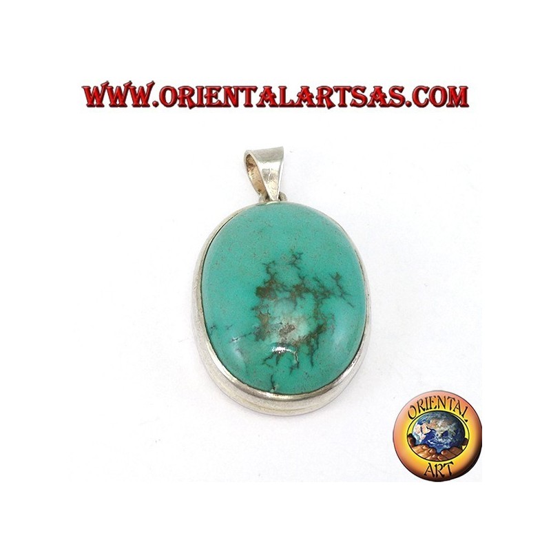 Silver pendant with natural Tibetan Turquoise oval and smooth edge