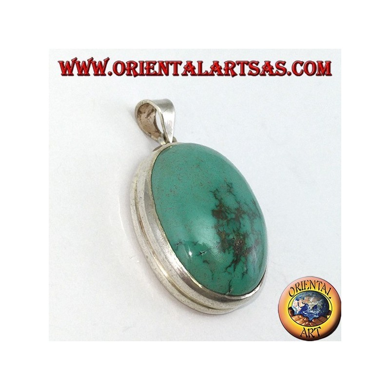 Ciondolo in argento con Turchese Tibetano naturale ovale e bordo liscio