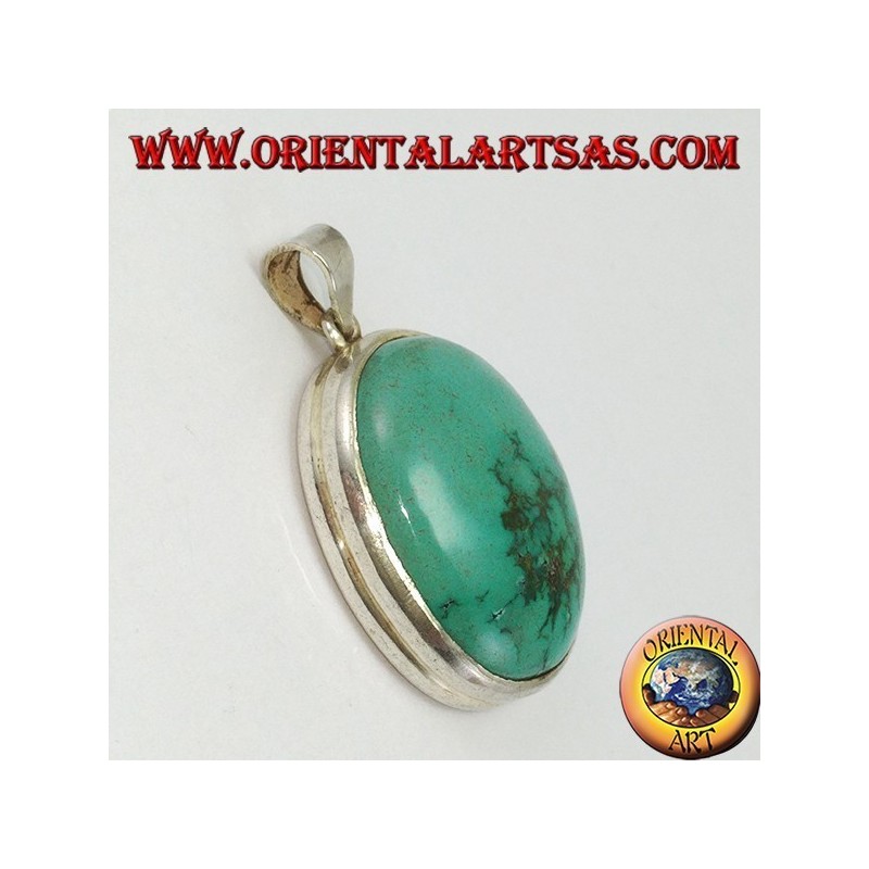 Colgante de plata con natural turquesa tibetana ovalada y borde liso