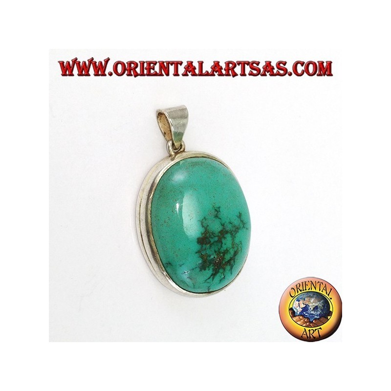 Ciondolo in argento con Turchese Tibetano naturale ovale e bordo liscio
