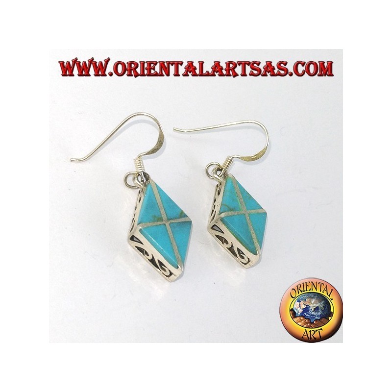 Silver earrings in the shape of a rhombus with four turquoises