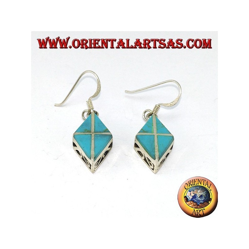 Silver earrings in the shape of a rhombus with four turquoises