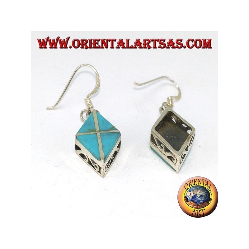 Silver earrings in the shape of a rhombus with four turquoises