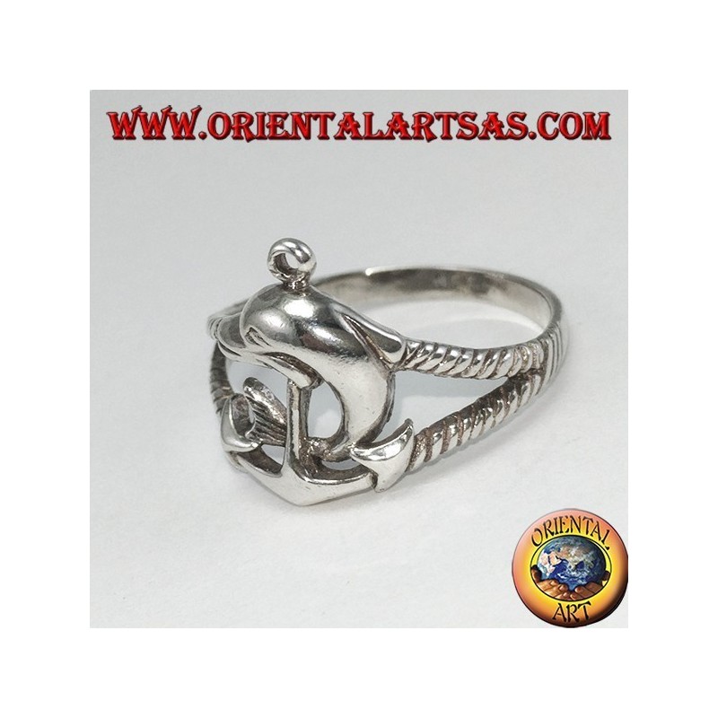 Anello in argento ancora marina con delfino