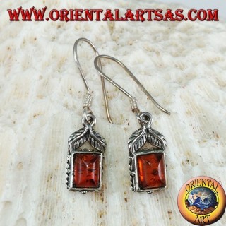Silver earrings with rectangular amber and two leaves