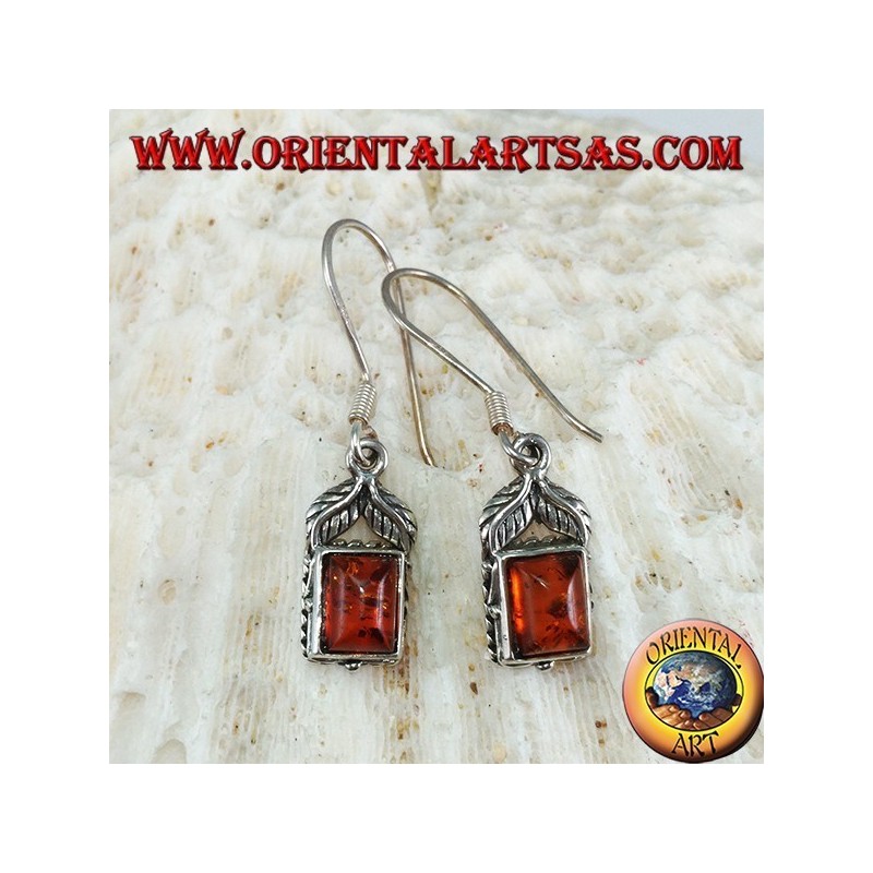Silver earrings with rectangular amber and two leaves