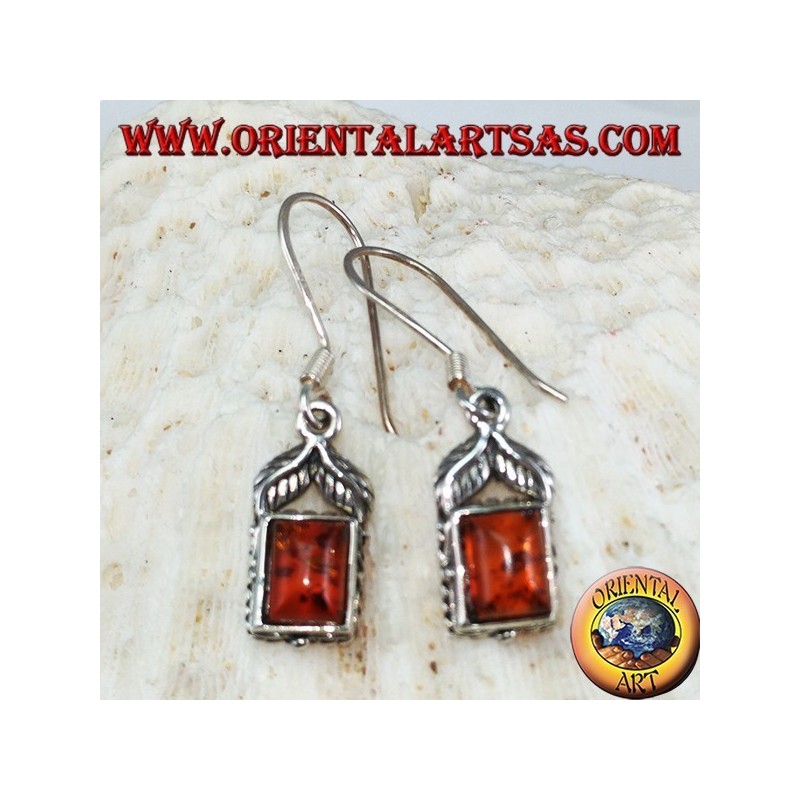 Boucles d'oreilles en argent avec ambre rectangulaire et deux feuilles