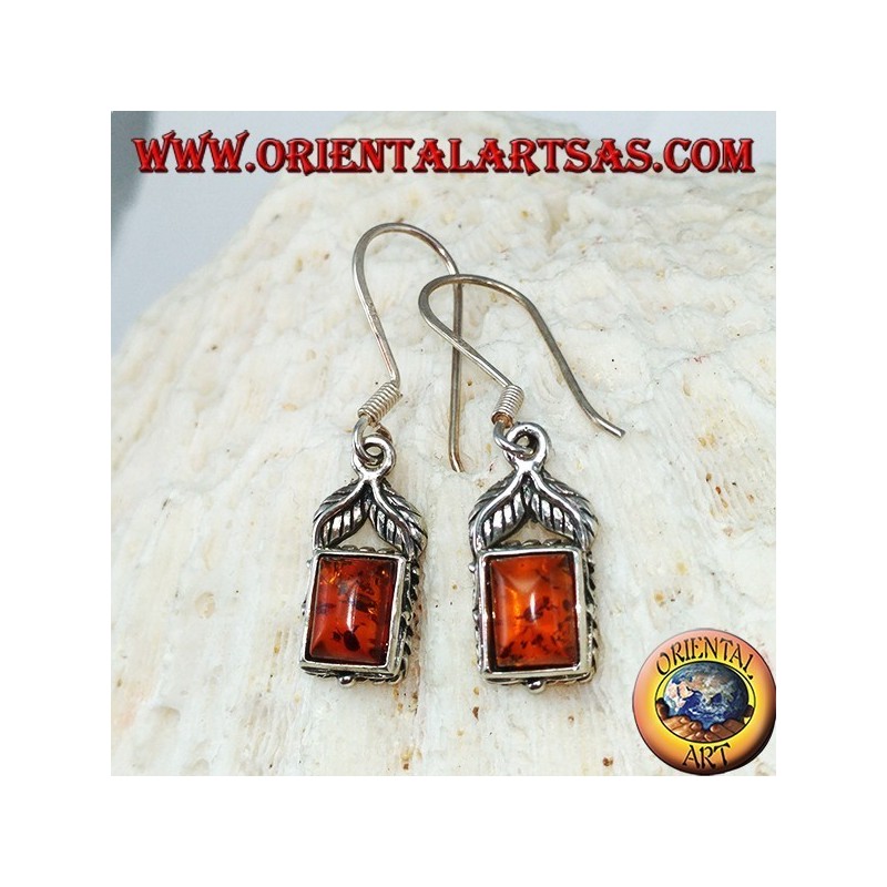 Boucles d'oreilles en argent avec ambre rectangulaire et deux feuilles