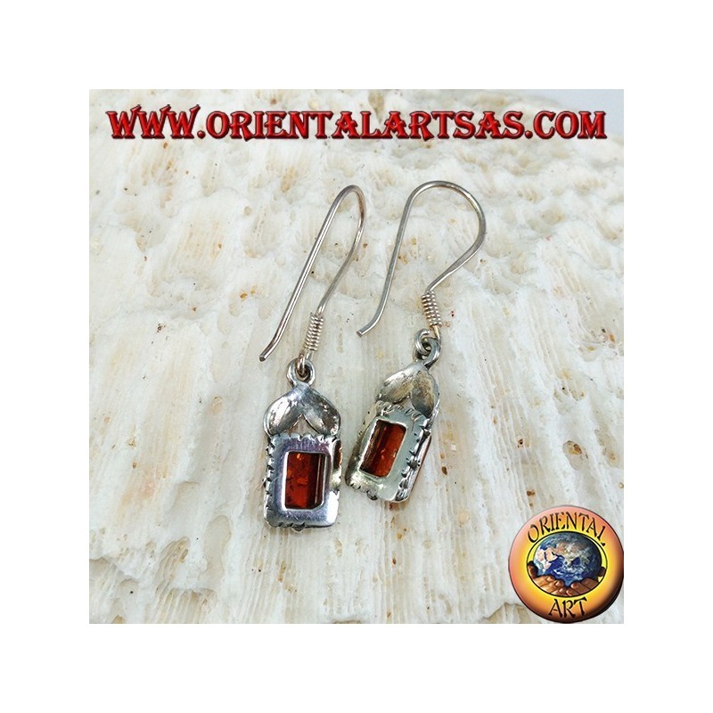 Boucles d'oreilles en argent avec ambre rectangulaire et deux feuilles