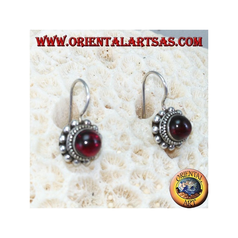 Silver earrings with round cabochon garnet