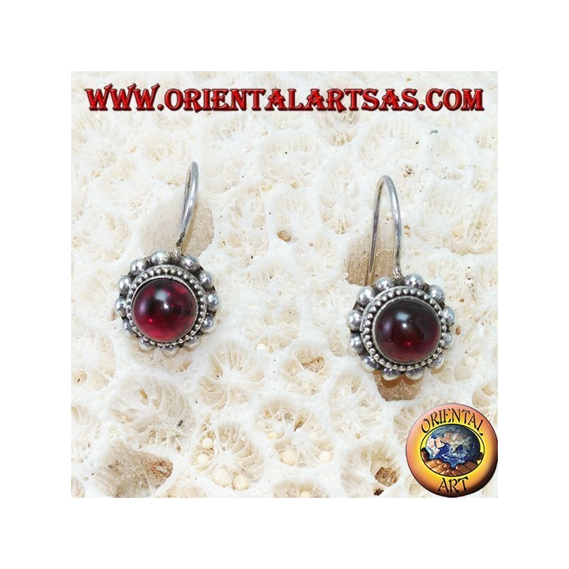 Silver earrings with round cabochon garnet