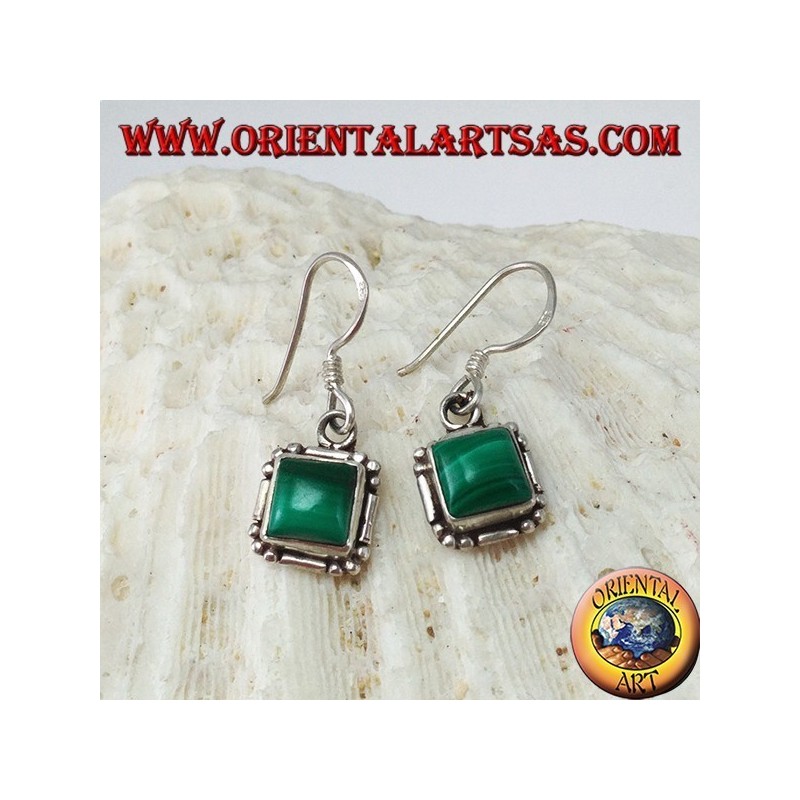 Silver earrings with square cabochon malachite