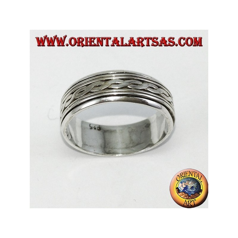 Anillo de lazo plateado Giratorio antiestrés con dos hilos centrales entretejidos