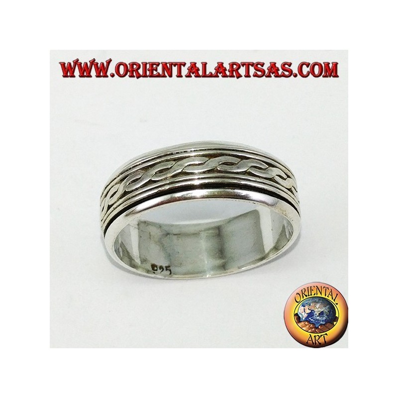 Anillo de lazo plateado Giratorio antiestrés con dos hilos centrales entretejidos
