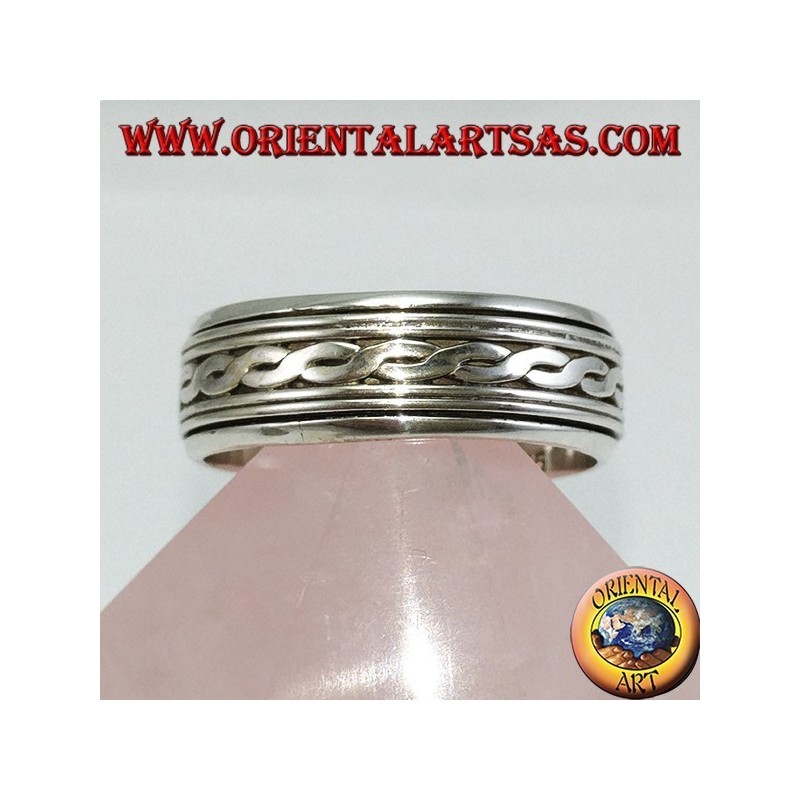 Anillo de lazo plateado Giratorio antiestrés con dos hilos centrales entretejidos