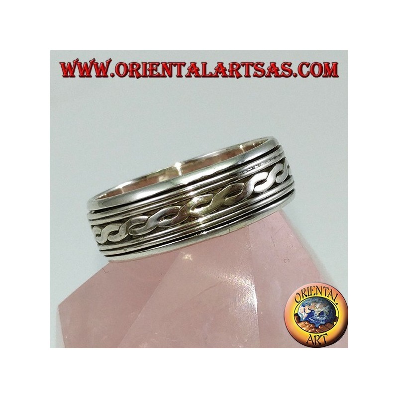 Anillo de lazo plateado Giratorio antiestrés con dos hilos centrales entretejidos
