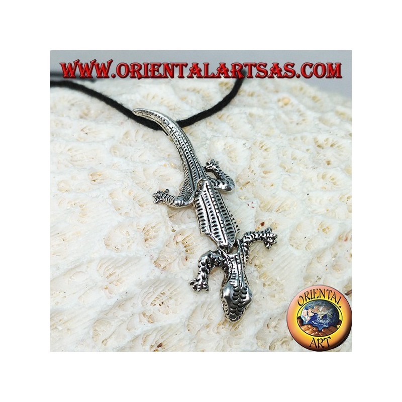 Pendentif en argent, gecko mobile avec la tête vers le bas