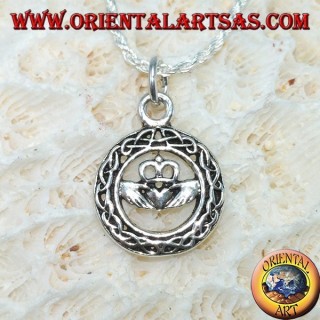 Silver pendant, claddagh in the Celtic knot circle