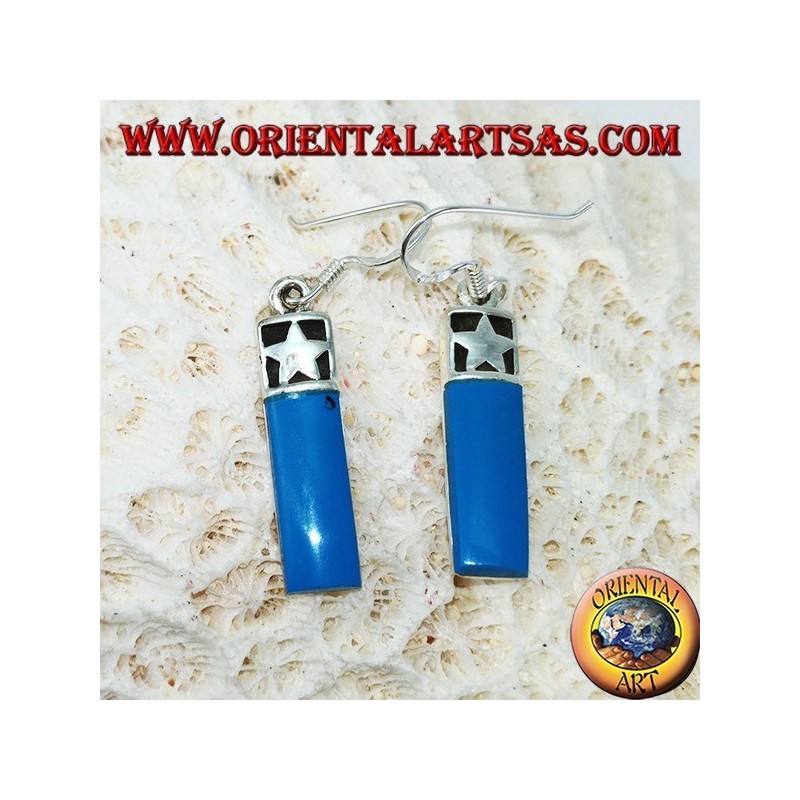 Silver earrings with a barrel with a bas-relief star and turquoise paste