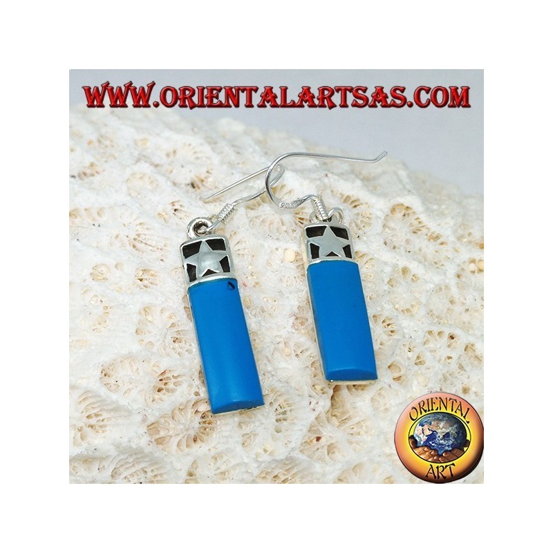 Silver earrings with a barrel with a bas-relief star and turquoise paste