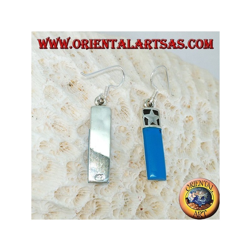 Silver earrings with a barrel with a bas-relief star and turquoise paste