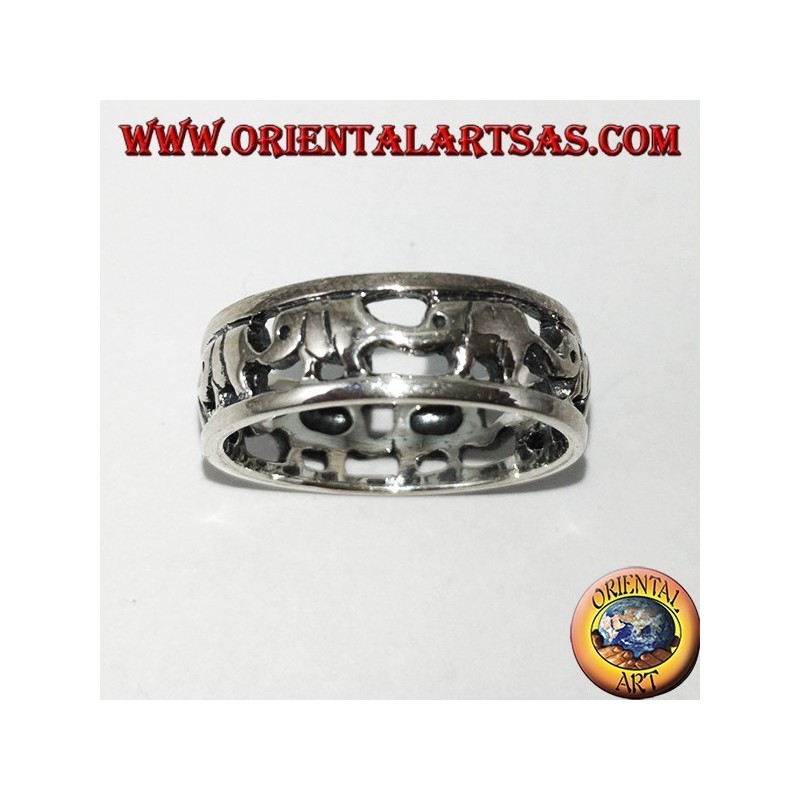 Band Ring in 925 Silber, Elefanten in einer Reihe mit Rüssel oben