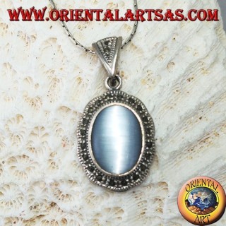 Colgante de plata con cimòfane (ojo de gato gris) rodeado de marcassite