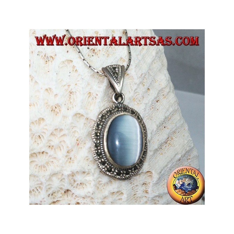 Silver pendant with cimòfane (gray cat's eye) surrounded by marcassite