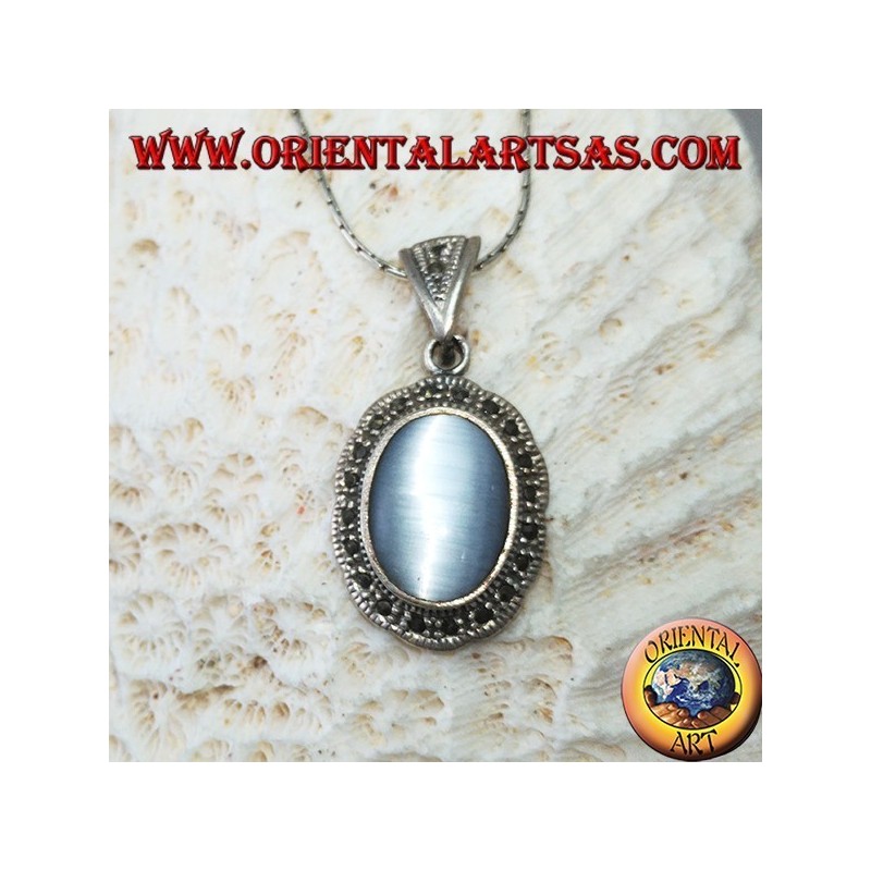 Silver pendant with cimòfane (gray cat's eye) surrounded by marcassite