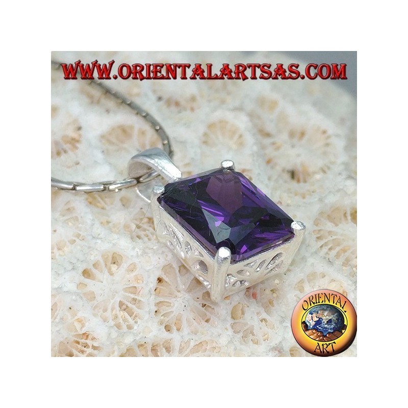 Ciondolo in argento con Ametista viola cubic zirconia rettangolare