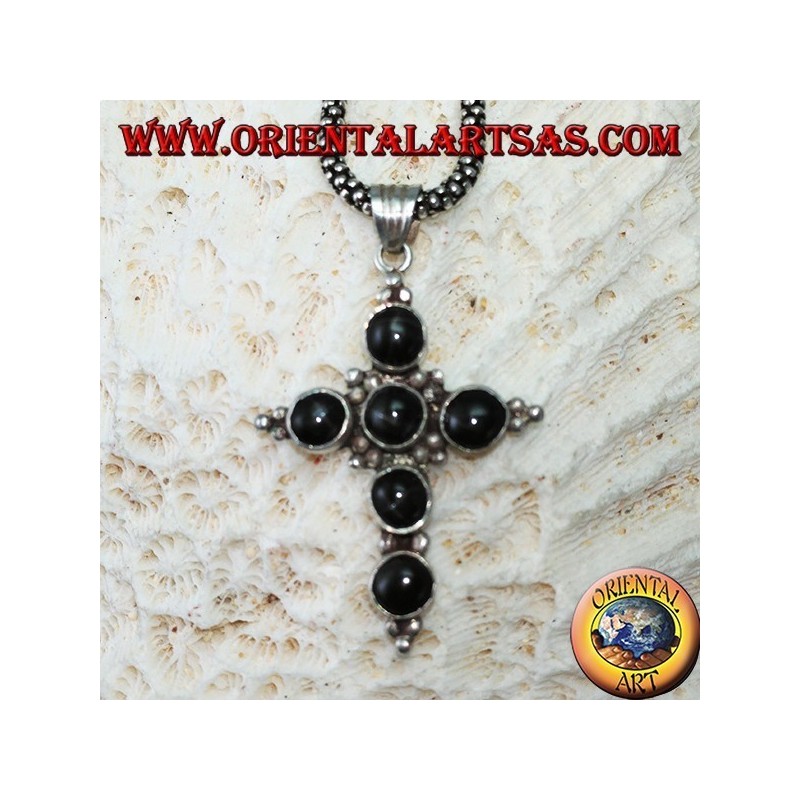 Silver cross pendant with six round black stars