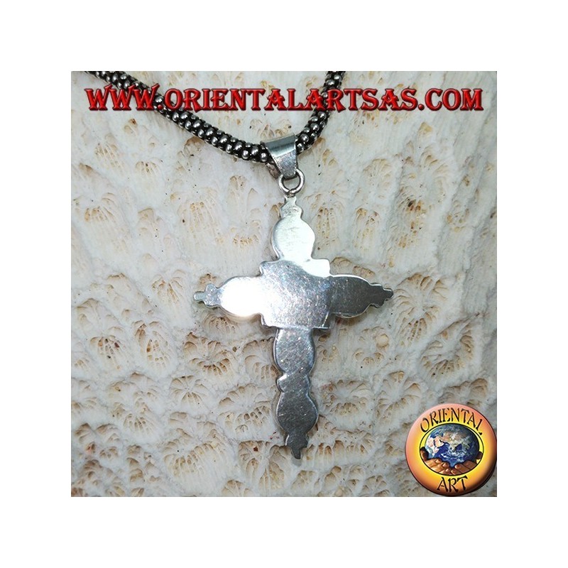 Cruz colgante en plata con seis estrellas negras, redondas