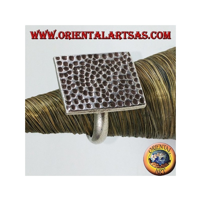 Silver ring with hand-hammered rectangular plate