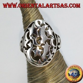 Oval silver ring, pierced with stars and moons