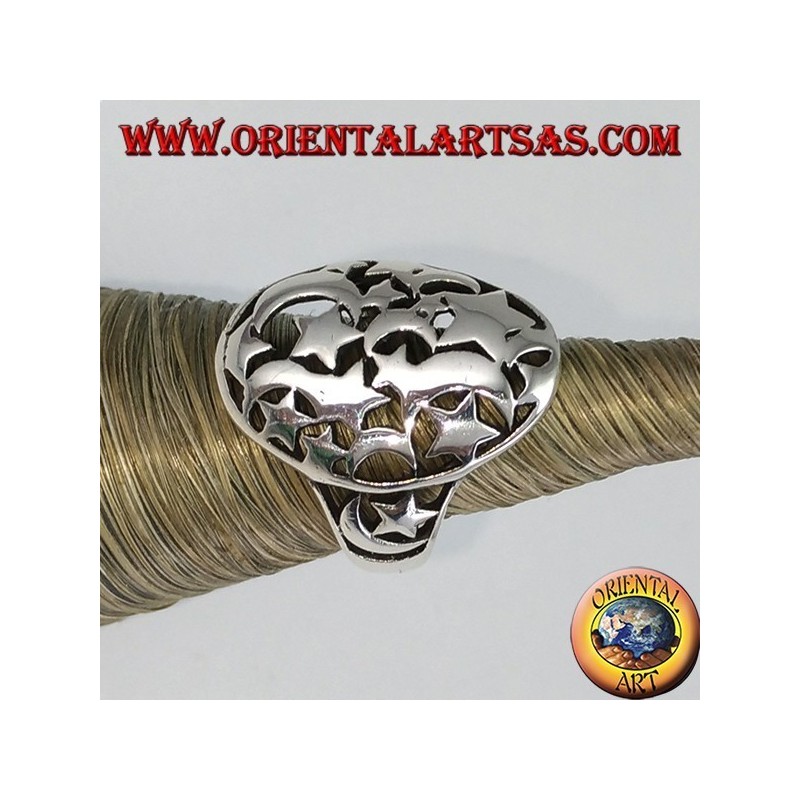 Oval silver ring, pierced with stars and moons