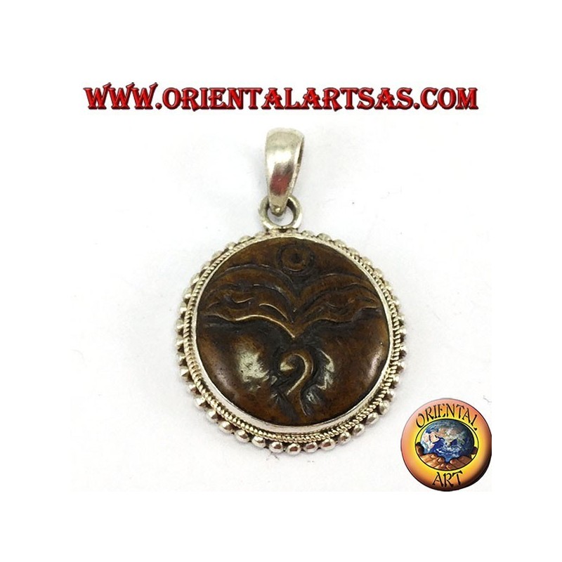 Silver pendant amulet Buddha eye carved in yack bone