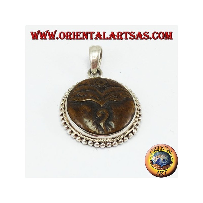 Amulette pendentif en argent Oeil de Bouddha sculpté en os de yack