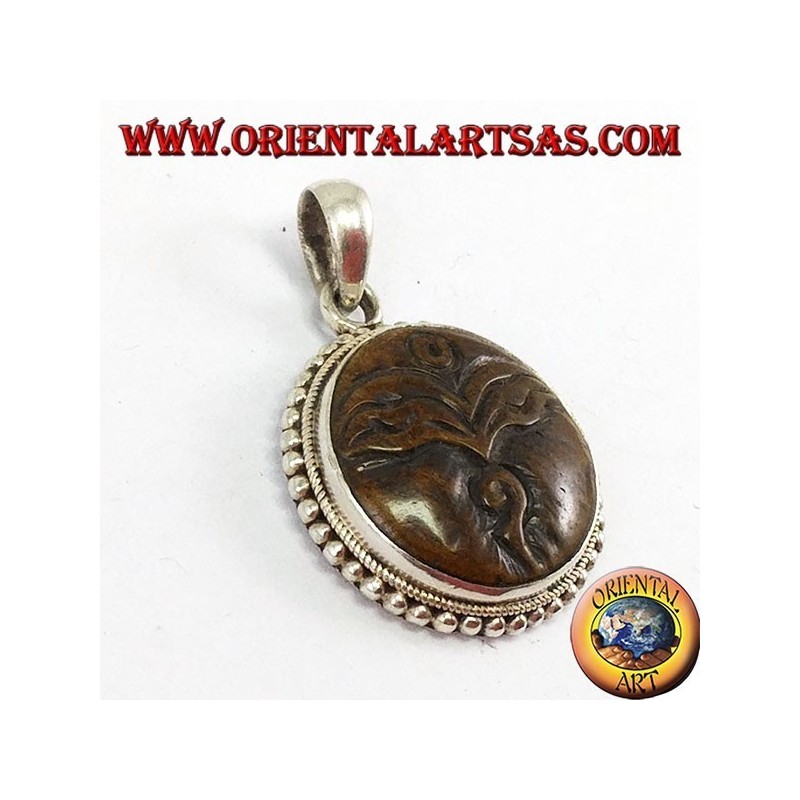 Silver pendant amulet Buddha eye carved in yack bone