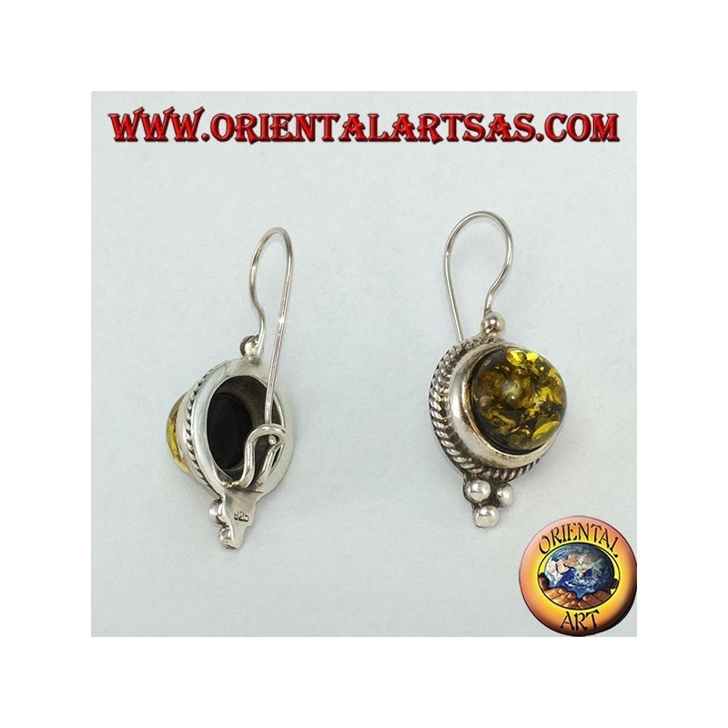 Silver earring with green hemisphere amber