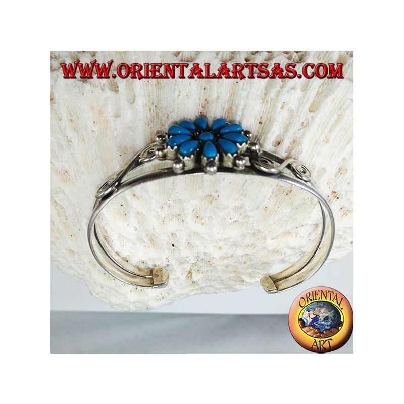 Bracciale rigido in argento con margherita di turchesi