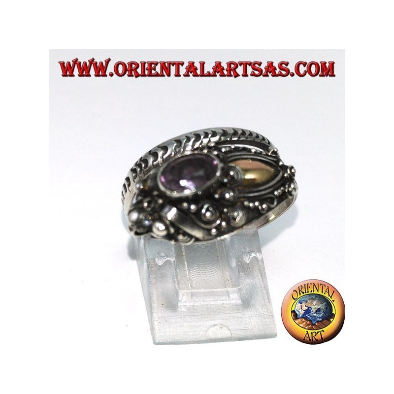 Anillo en plata cobra con placa de oro y amatista