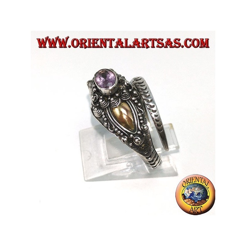 Bague en argent cobra avec plaque en or et améthyste