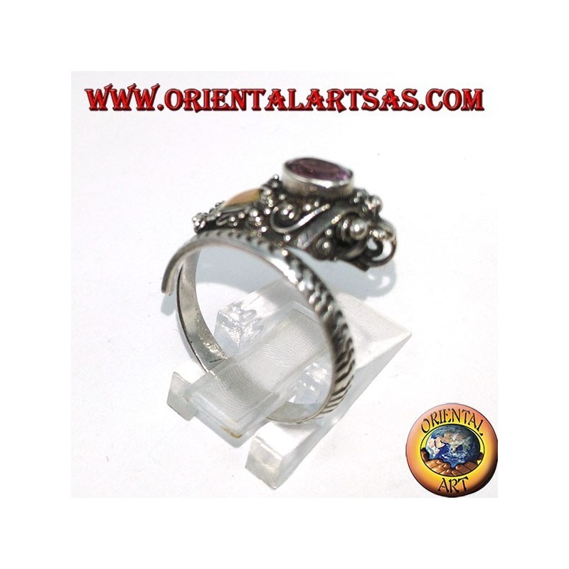 Bague en argent cobra avec plaque en or et améthyste