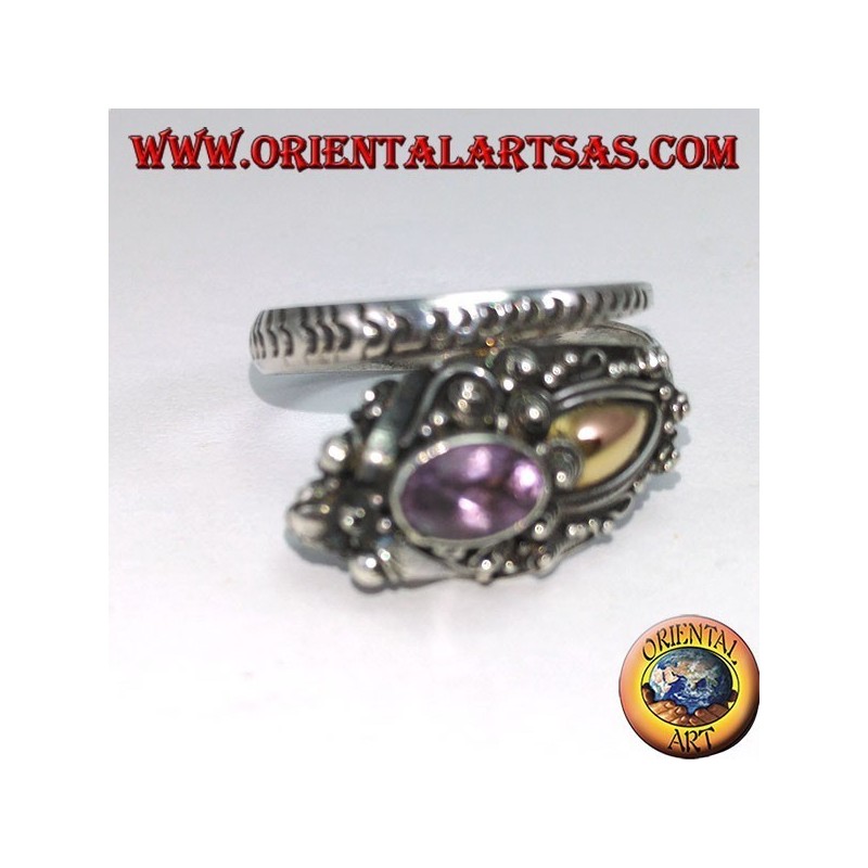 Bague en argent cobra avec plaque en or et améthyste