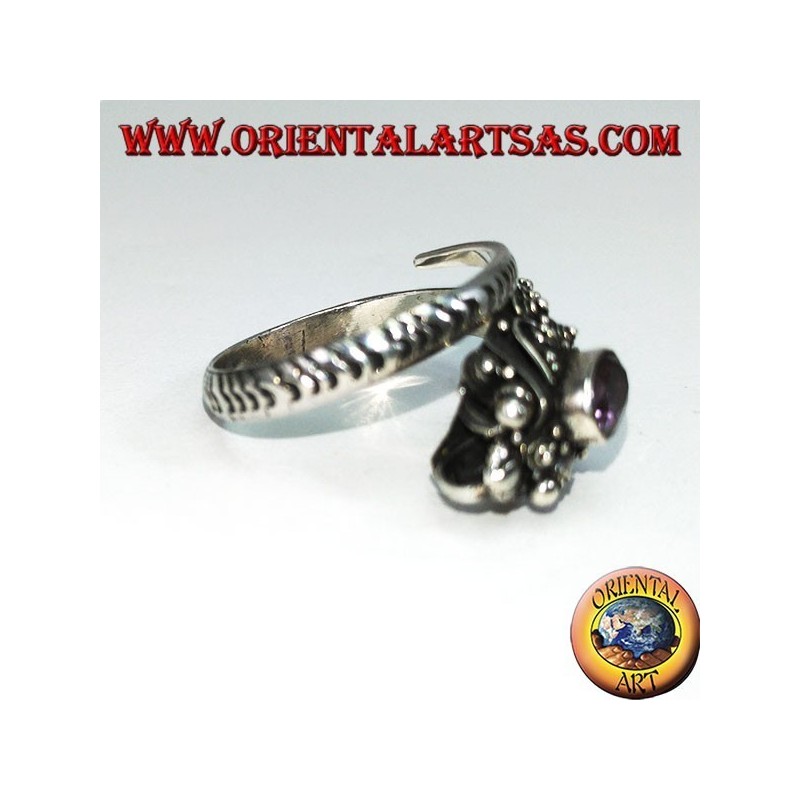 Anello in argento cobra con piastrina in oro ed ametista