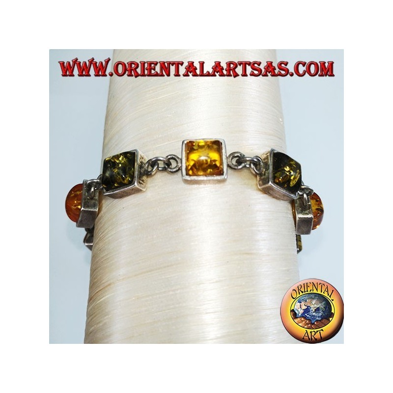 Pulseras de plata con alternancia de ámbar cuadrado verde y amarillo