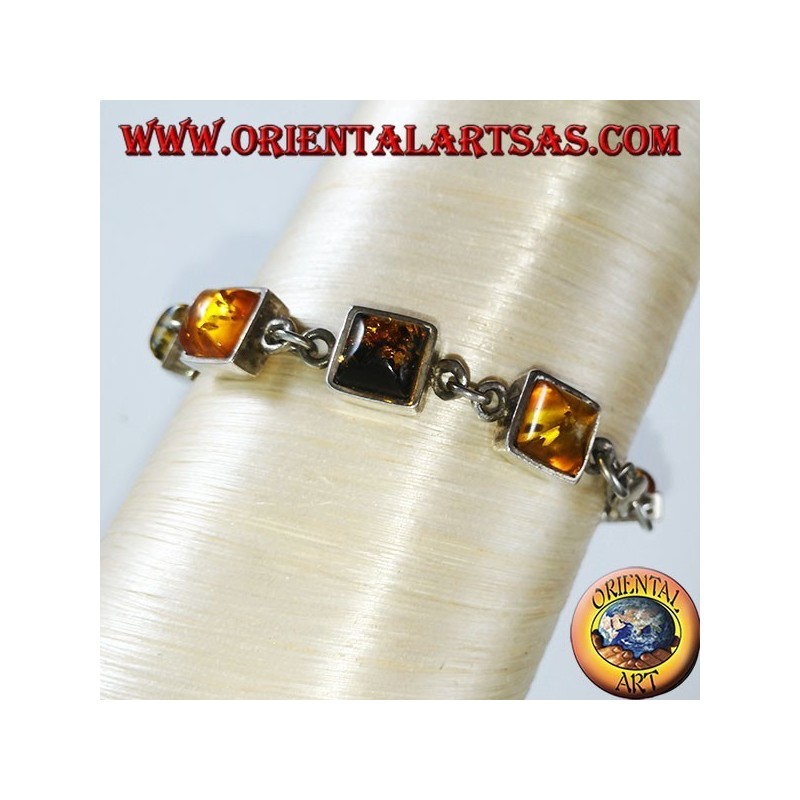 Bracelets en argent avec alternance d'ambre carré vert et jaune