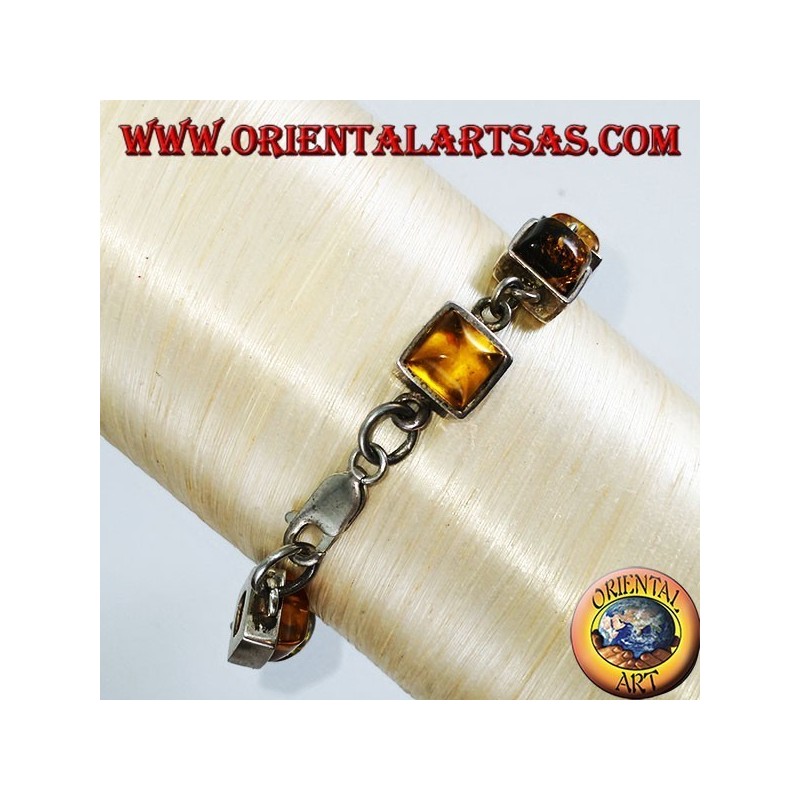 Bracelets en argent avec alternance d'ambre carré vert et jaune