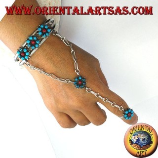 Pulsera de mano besos en plata con turquesa y coral, estampado de flores