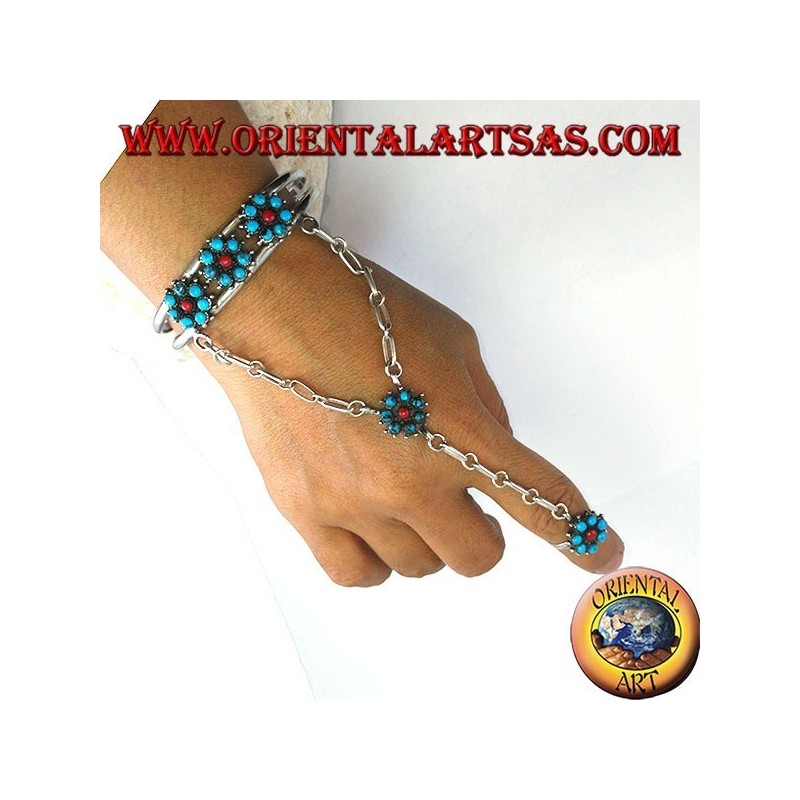 Bracciale baciamano in argento rigido con turchesi e corallo, modello fiore